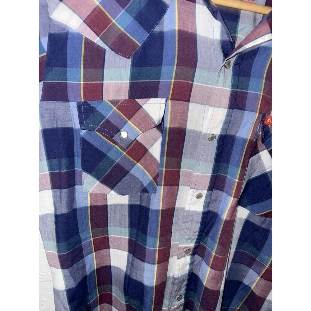 Ely Cattleman Western Blue Plaid Shirt Size Medium Pearl Snap Short Sleeve